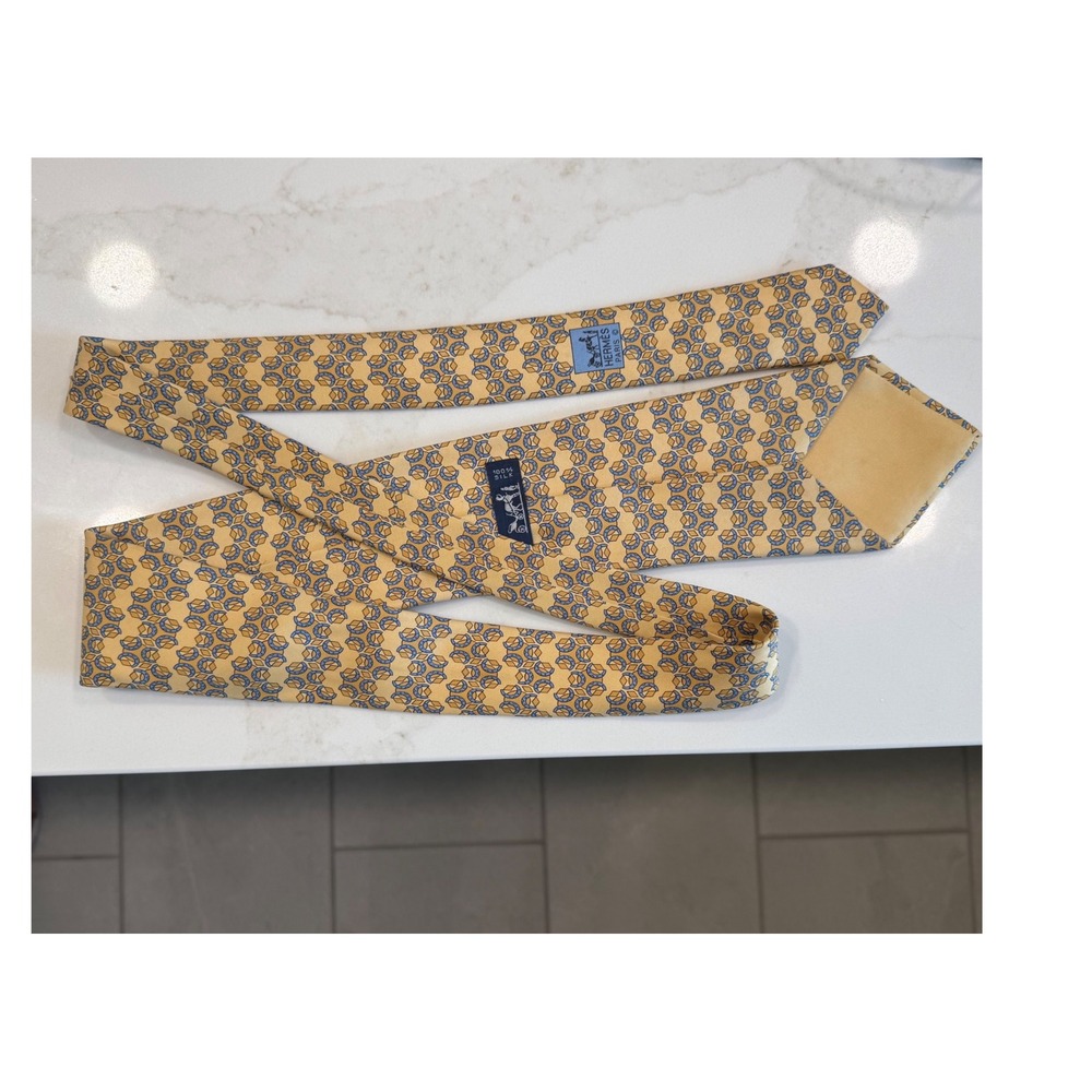 Hermes Mens Silk Tie Horseshoes Pattern Yellow Blue Geometric 5008 EA France